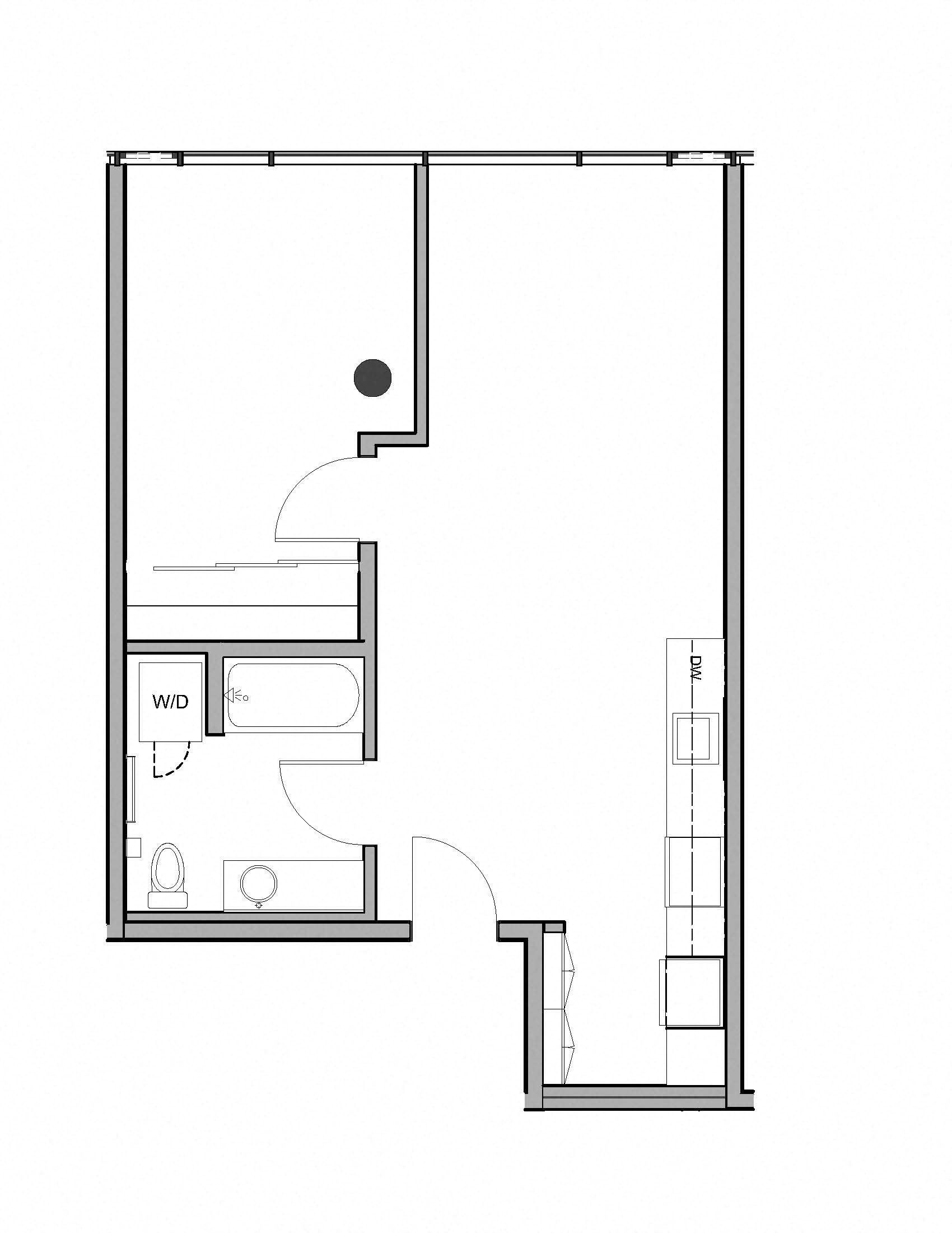 Floor plan for 1 bed, 1 bath, 679 sqft